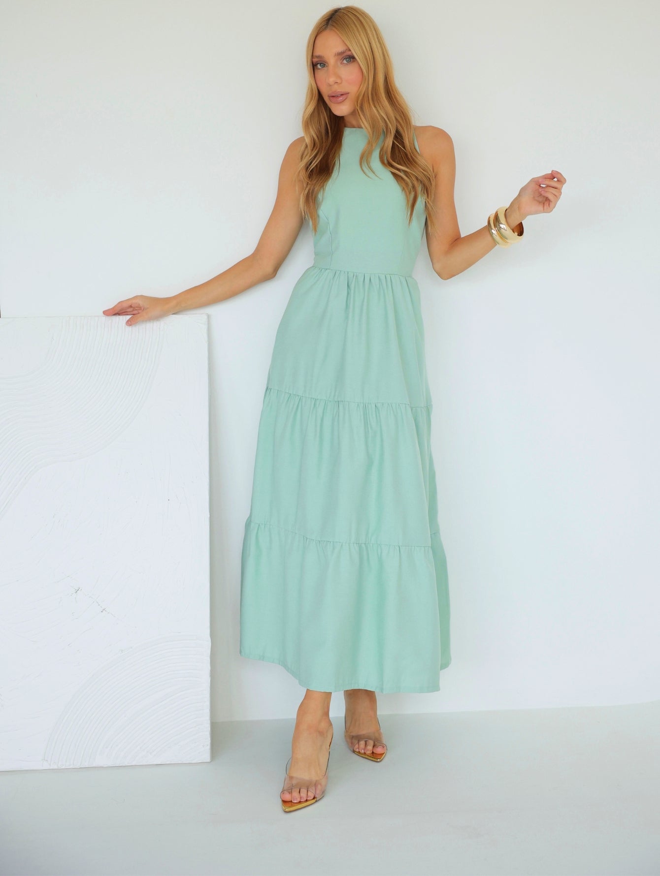 Vestido Longo Liso de Linho Sem Manga Zíper nas Costas Flora