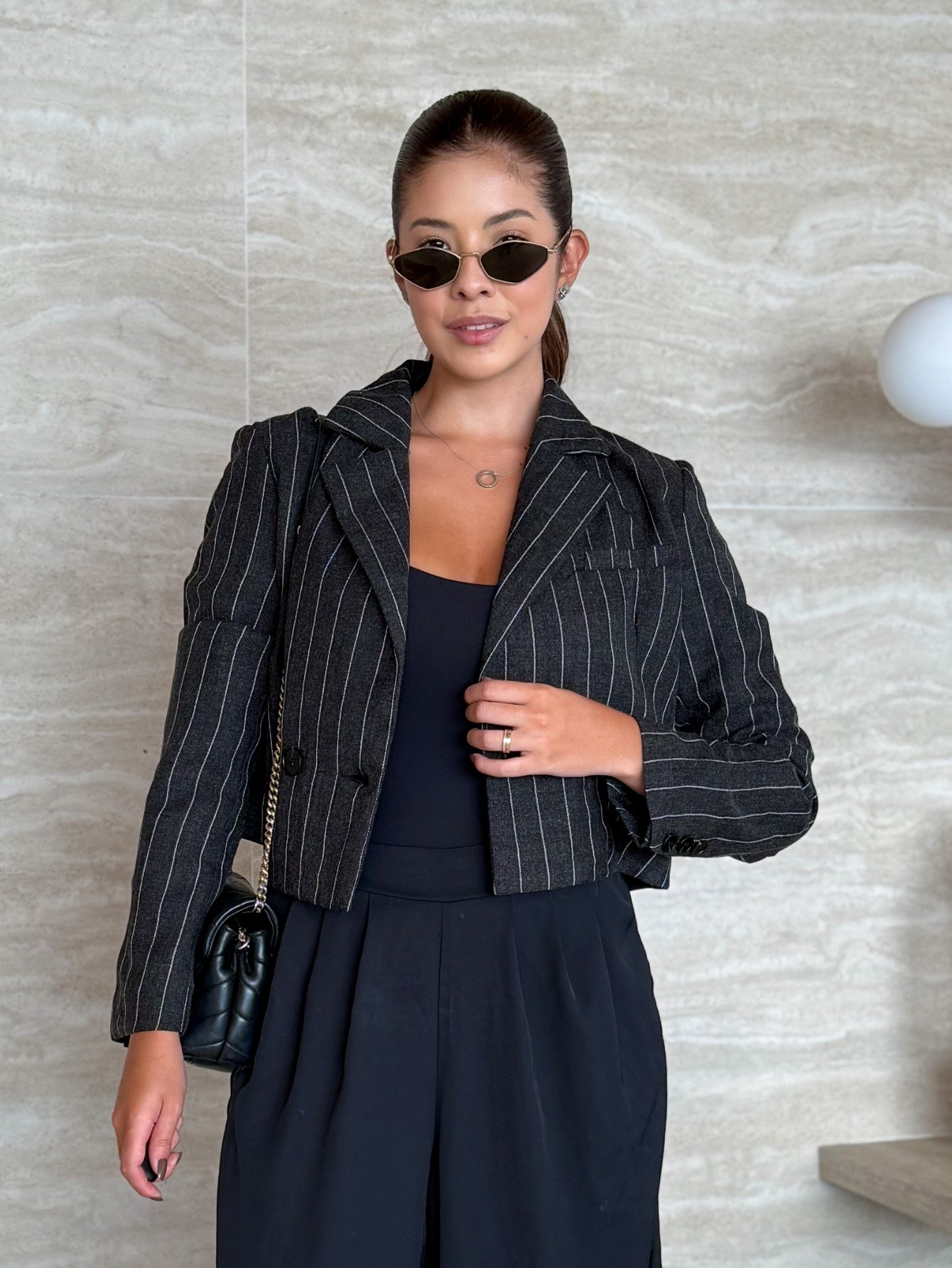 Blazer Listrado Alfaiataria Duplo com Botões Brooklyn