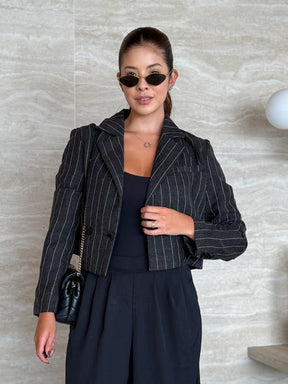 Blazer Listrado Alfaiataria Duplo com Botões Brooklyn