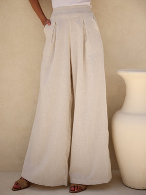 Calça Pantalona de Linho Cintura Alta com Elástico e Bolso Lateral Carmela