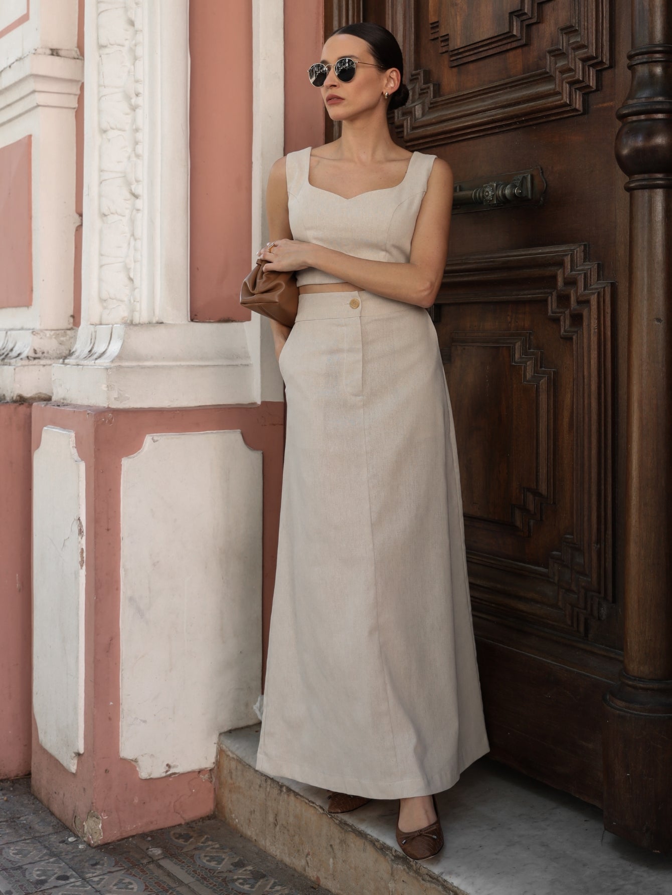 Conjunto de Linho Cropped Alças Grossas e Saia Longa Lisa - Taina