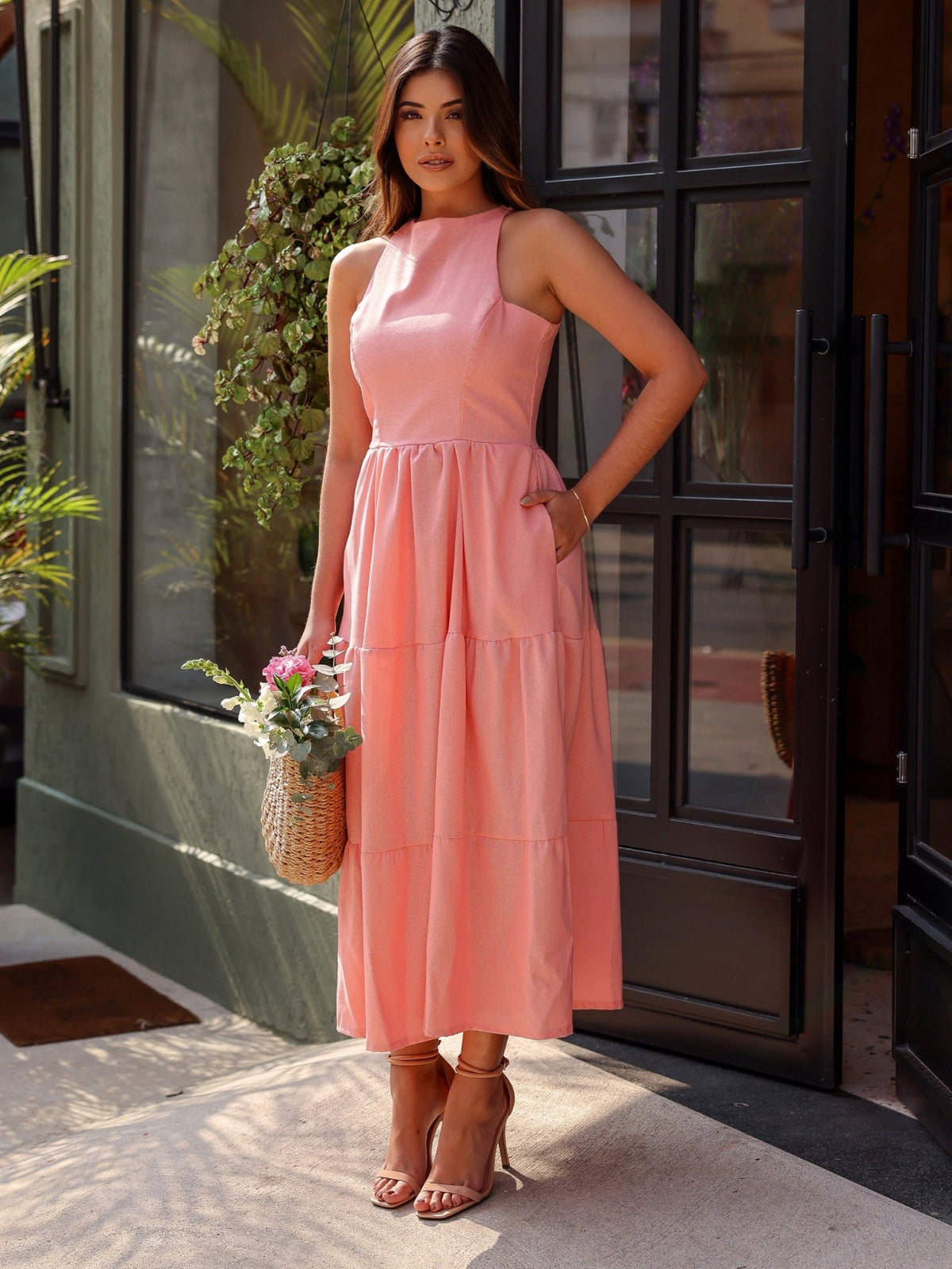 Vestido Longo Liso de Linho Sem Manga Zíper nas Costas Flora