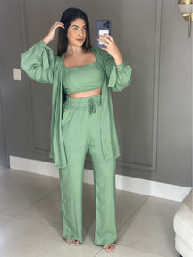 Conjunto Feminino Luna 3 Peças em Twill – Kimono, Calça Pantalona e Top