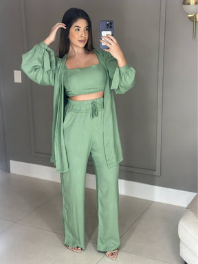 Conjunto Feminino Luna 3 Peças em Twill – Kimono, Calça Pantalona e Top