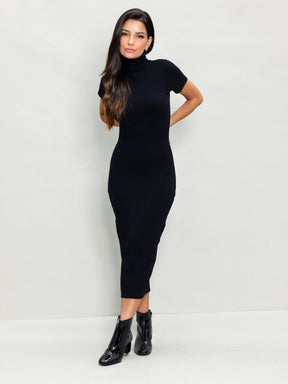 Vestido Midi Gola Alta Canelado com Fenda Lateral Cacharrel Mariah