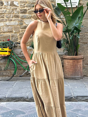 Vestido Longo Alfaiataria Sem Manga Zíper nas Costas Flora