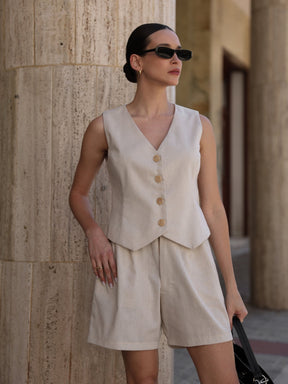 Conjunto de Linho Colete com Botões e Shorts com Bolsos Laterais - Karen