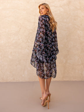 Vestido Estampado Manga Longa em Crepe Floral Manu