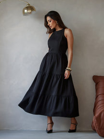 Vestido Longo Alfaiataria Sem Manga Zíper nas Costas Flora
