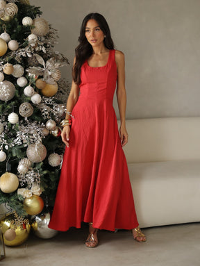 Vestido Longo Alfaiataria Decote Quadrado e Bolsos Yanca