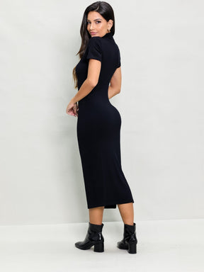 Vestido Midi Gola Alta Canelado com Fenda Lateral Cacharrel Mariah