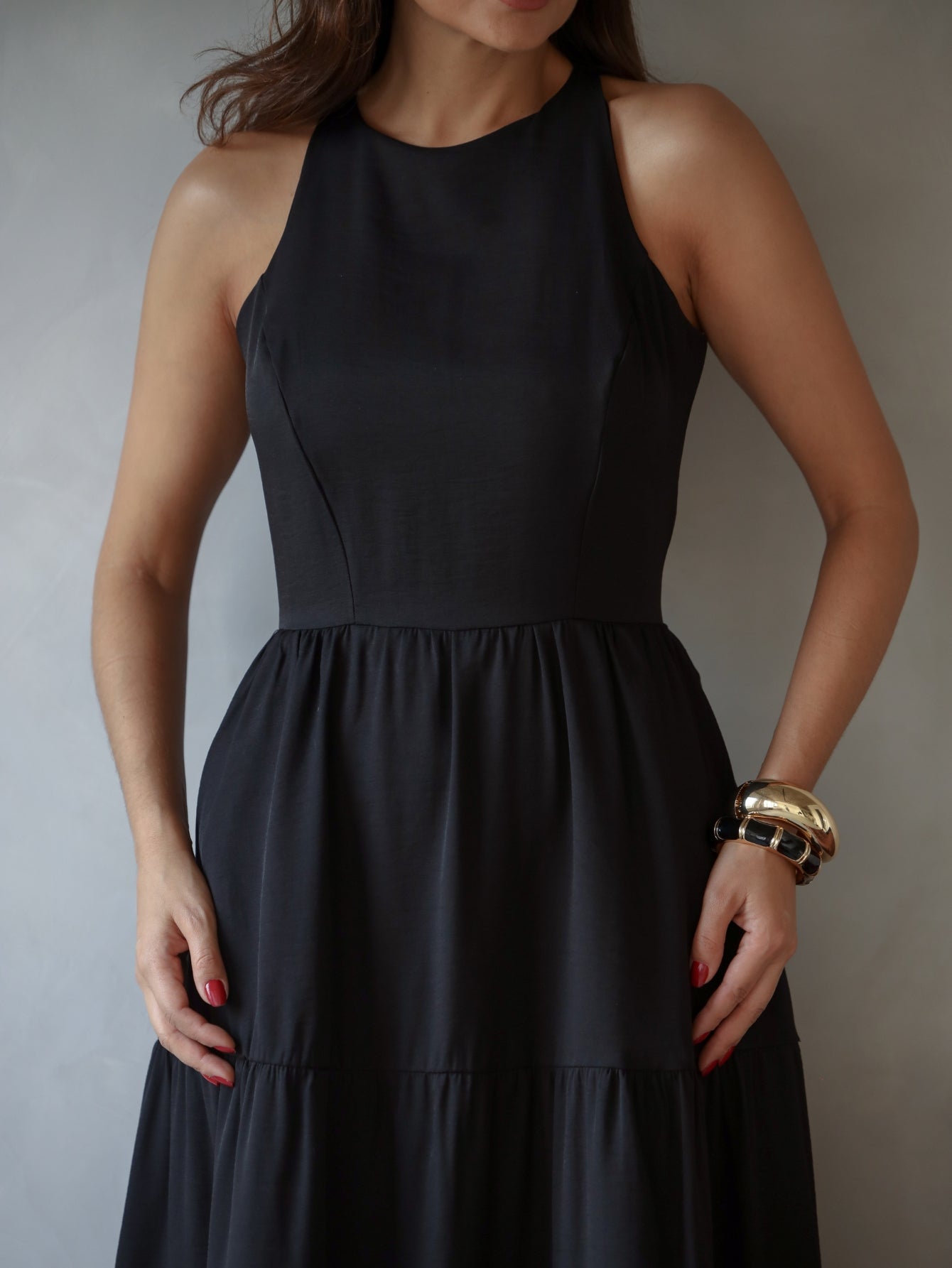 Vestido Longo Alfaiataria Sem Manga Zíper nas Costas Flora