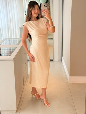 Vestido com Ombreiras e Drapeado na Cintura Ofelia