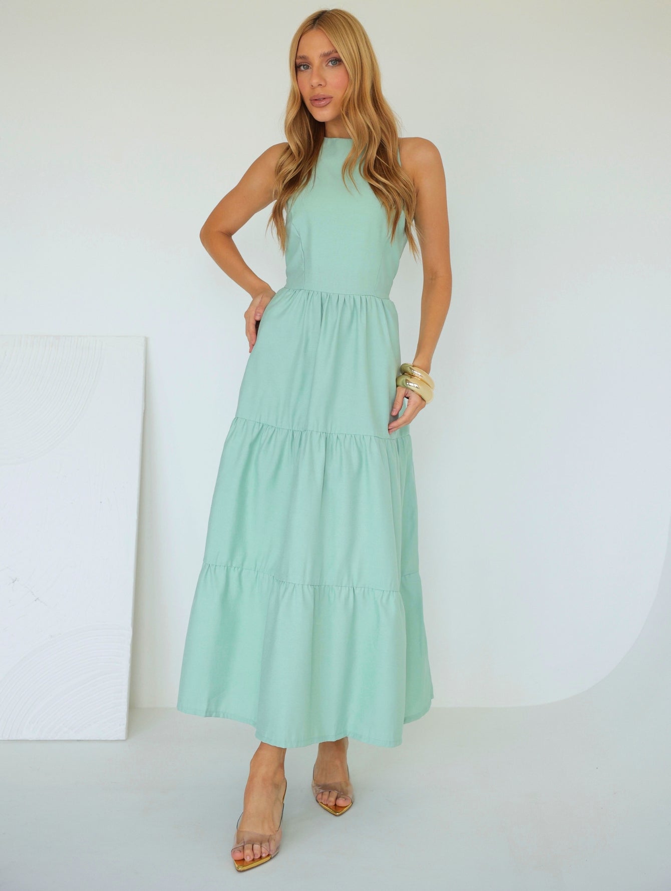 Vestido Longo Liso de Linho Sem Manga Zíper nas Costas Flora