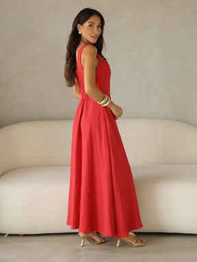 Vestido Longo Alfaiataria Decote Quadrado e Bolsos Yanca