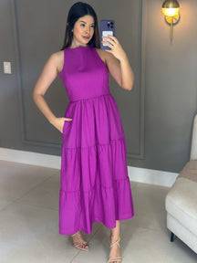 Vestido Longo Liso de Linho Sem Manga Zíper nas Costas Flora