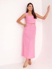 Conjunto de Linho Cropped Alças Grossas e Saia Longa Lisa - Taina