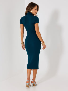 Vestido Midi Gola Alta Canelado com Fenda Lateral Cacharrel Mariah