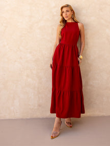 Vestido Longo Alfaiataria Sem Manga Zíper nas Costas Flora