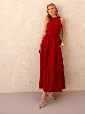 Vestido Longo Alfaiataria Sem Manga Zíper nas Costas Flora