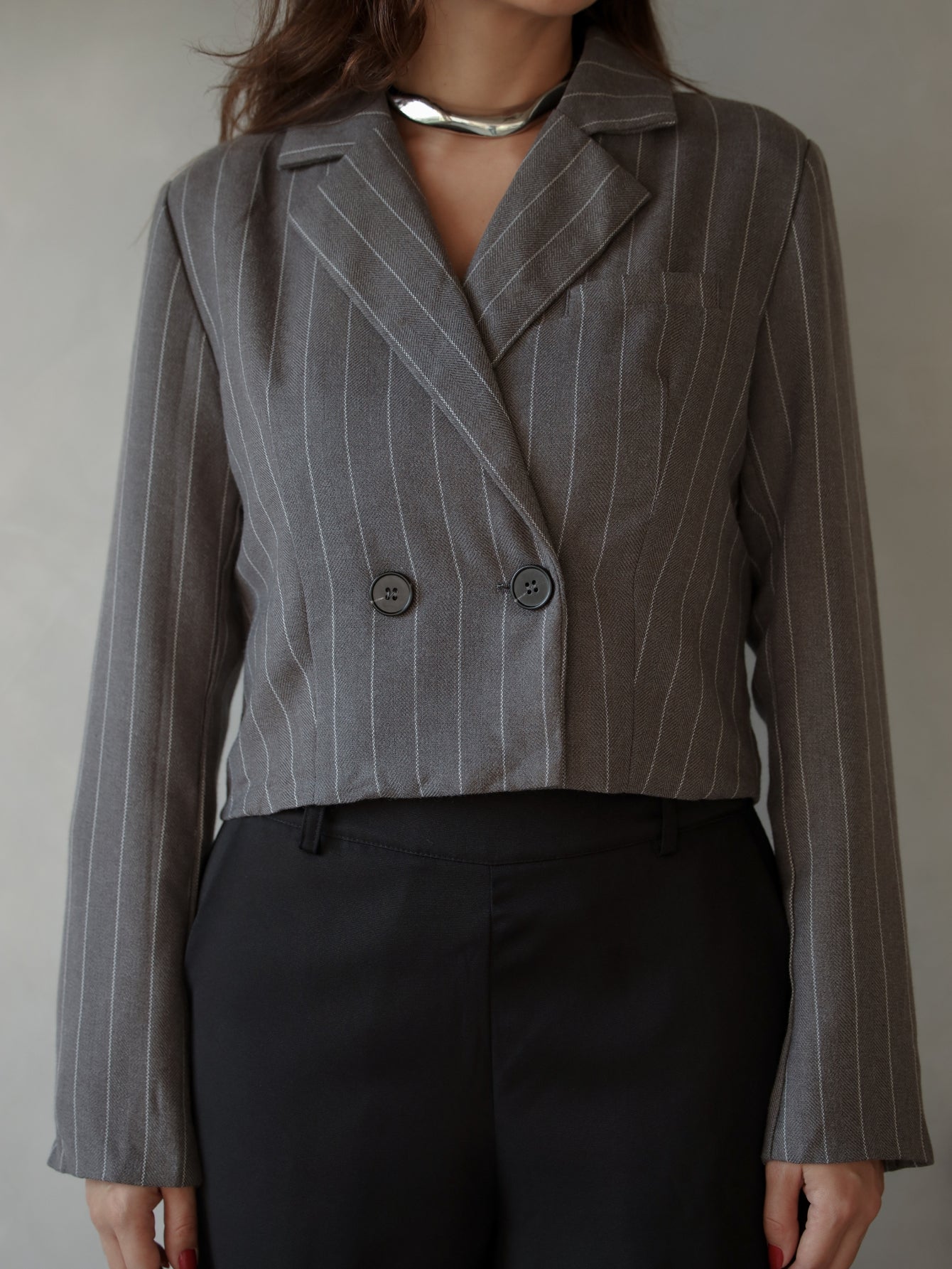 Blazer Listrado Alfaiataria Duplo com Botões Brooklyn