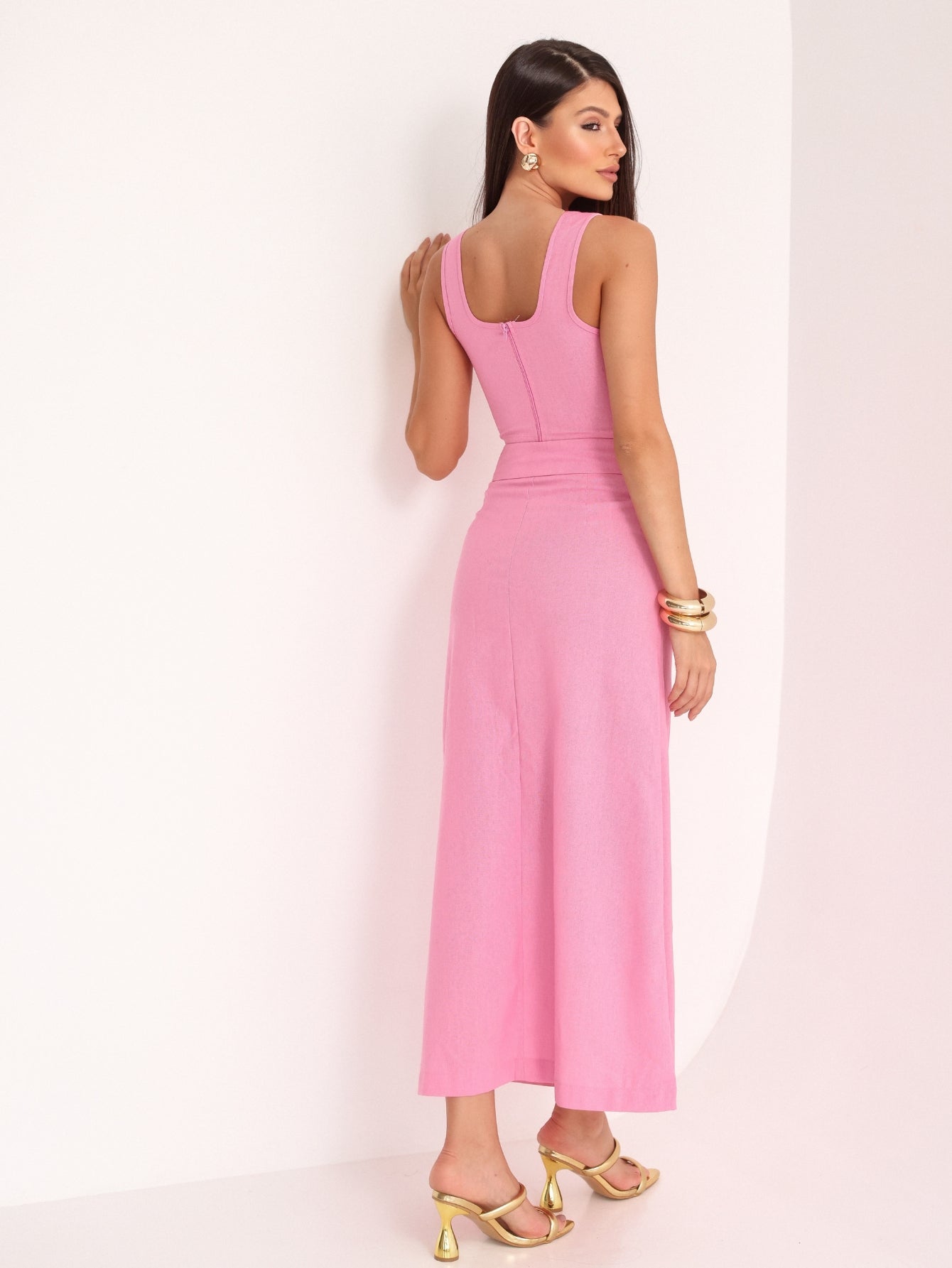 Conjunto de Linho Cropped Alças Grossas e Saia Longa Lisa - Taina