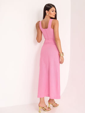 Conjunto de Linho Cropped Alças Grossas e Saia Longa Lisa - Taina