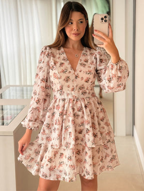 Vestido Floral com Decote V e Saia Duas Marias Cleo