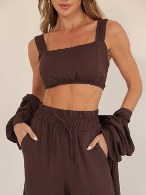 Conjunto Feminino Luna 3 Peças em Twill – Kimono, Calça Pantalona e Top