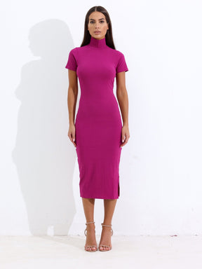 Vestido Midi Gola Alta Canelado com Fenda Lateral Cacharrel Mariah