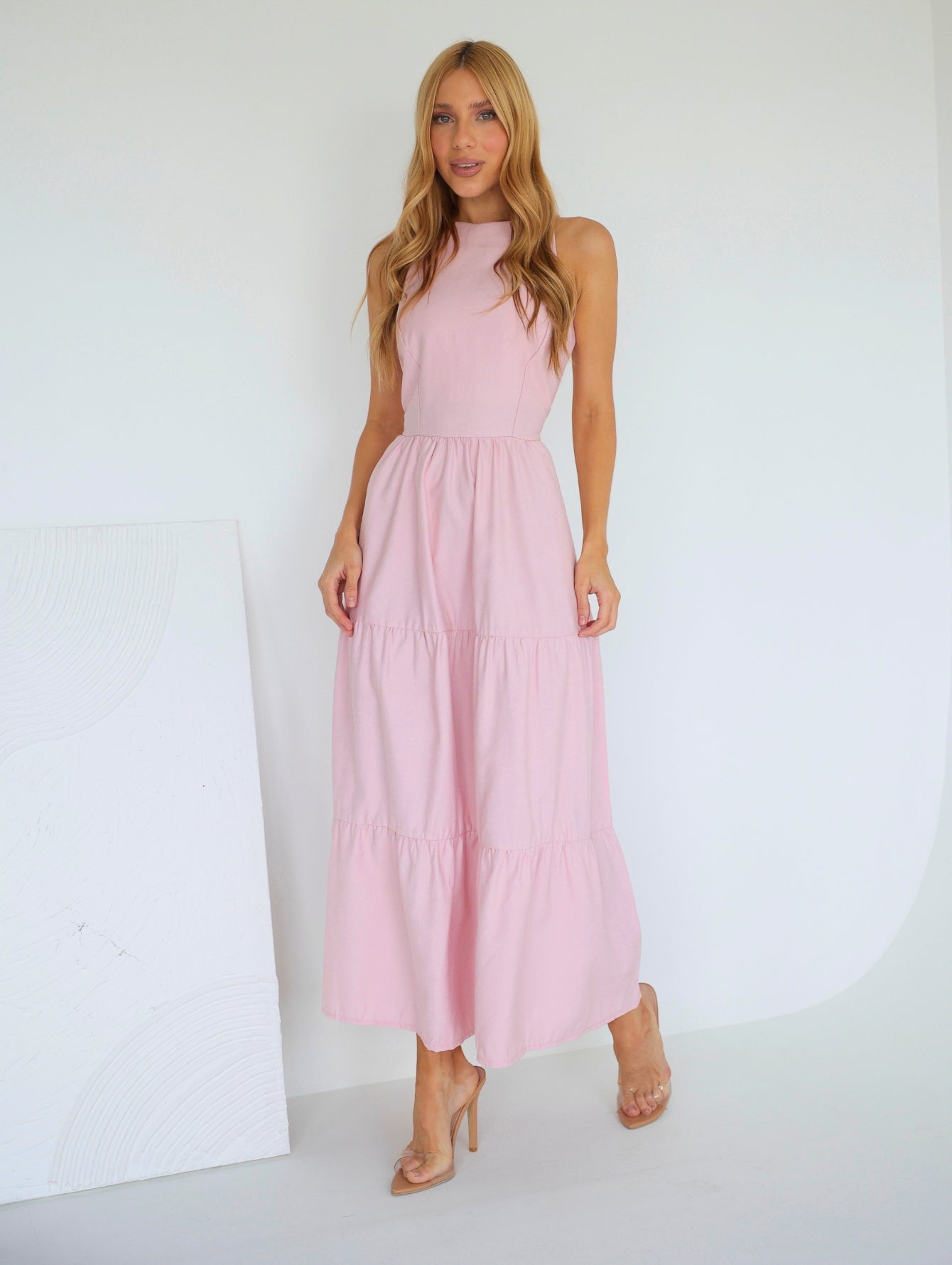 Vestido Longo Liso de Linho Sem Manga Zíper nas Costas Flora