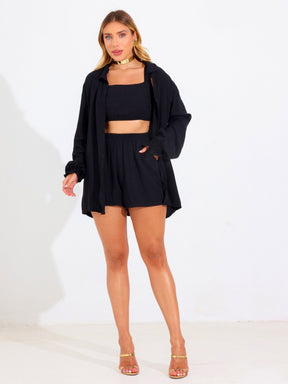 Conjunto Comfy Cropped + Short + Kimono Casual Marcela
