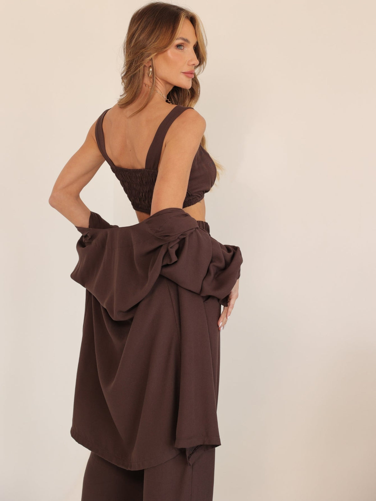 Conjunto Feminino Luna 3 Peças em Twill – Kimono, Calça Pantalona e Top