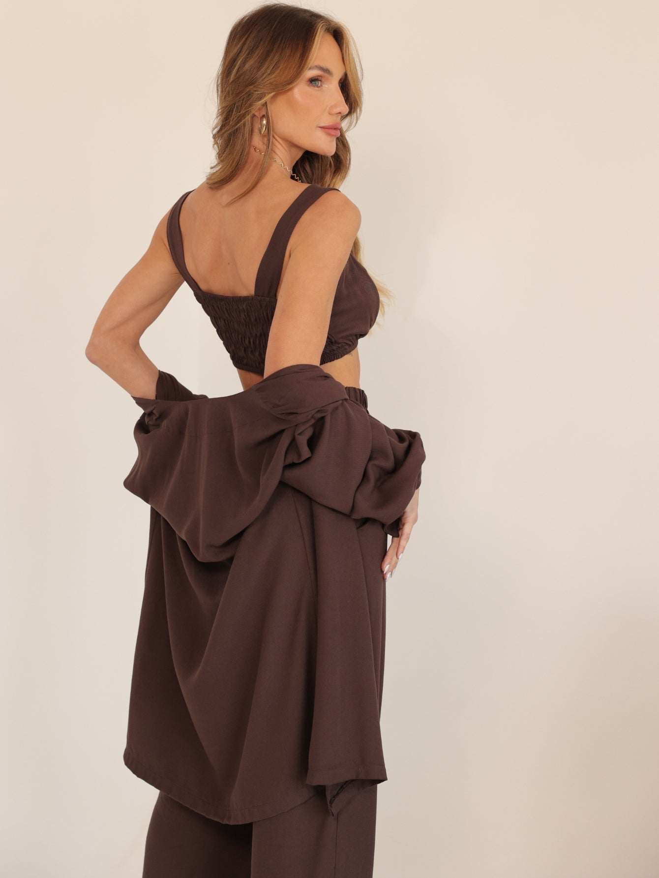 Conjunto Feminino Luna 3 Peças em Twill – Kimono, Calça Pantalona e Top