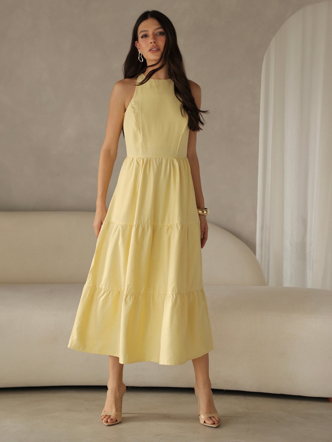 Vestido Longo Alfaiataria Sem Manga Zíper nas Costas Flora