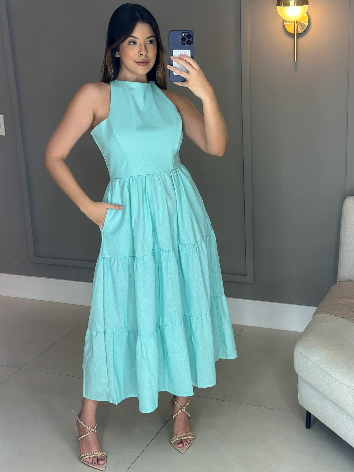 Vestido Longo Liso de Linho Sem Manga Zíper nas Costas Flora