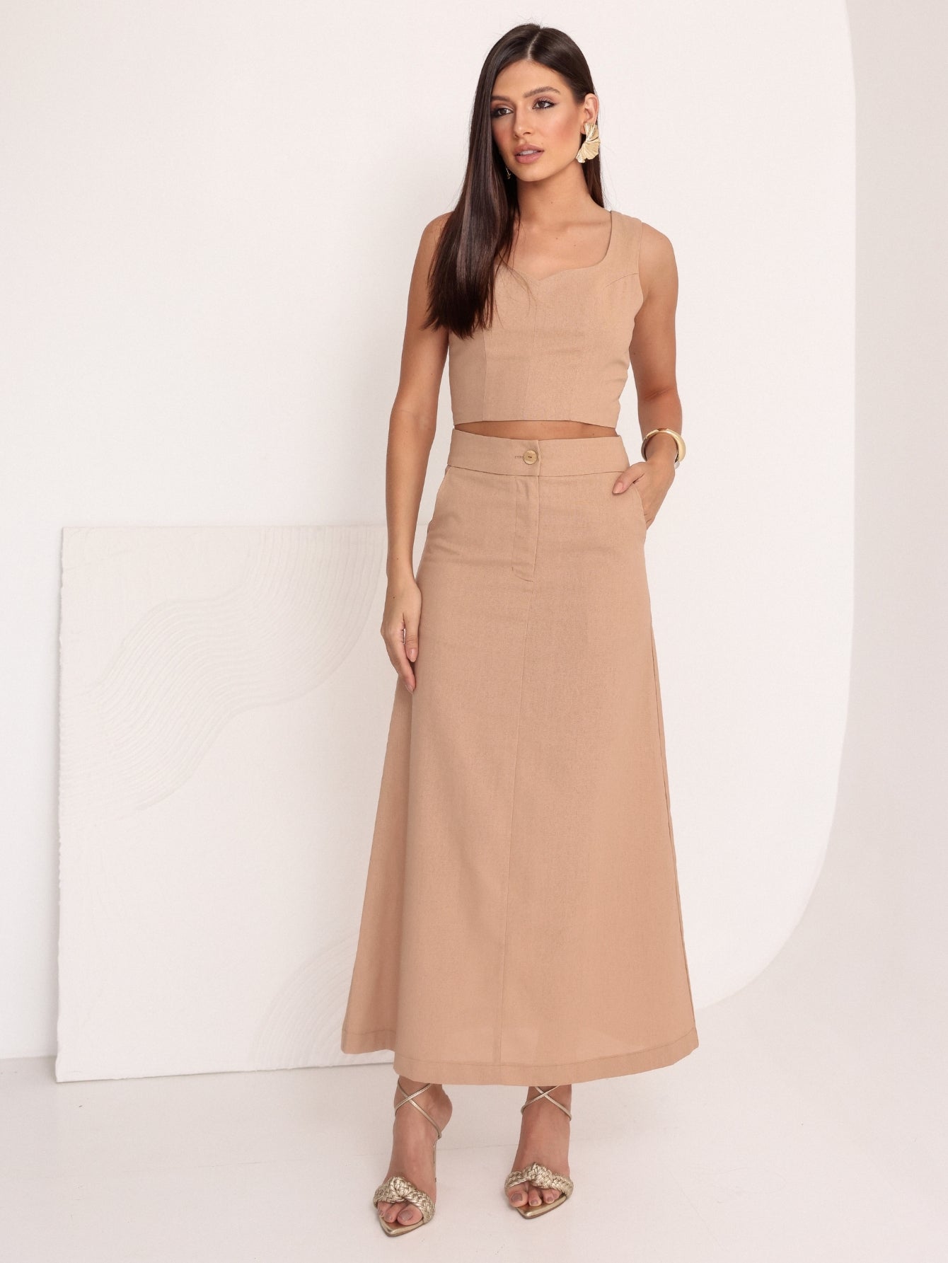 Conjunto de Linho Cropped Alças Grossas e Saia Longa Lisa - Taina