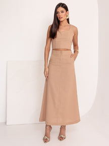 Conjunto de Linho Cropped Alças Grossas e Saia Longa Lisa - Taina