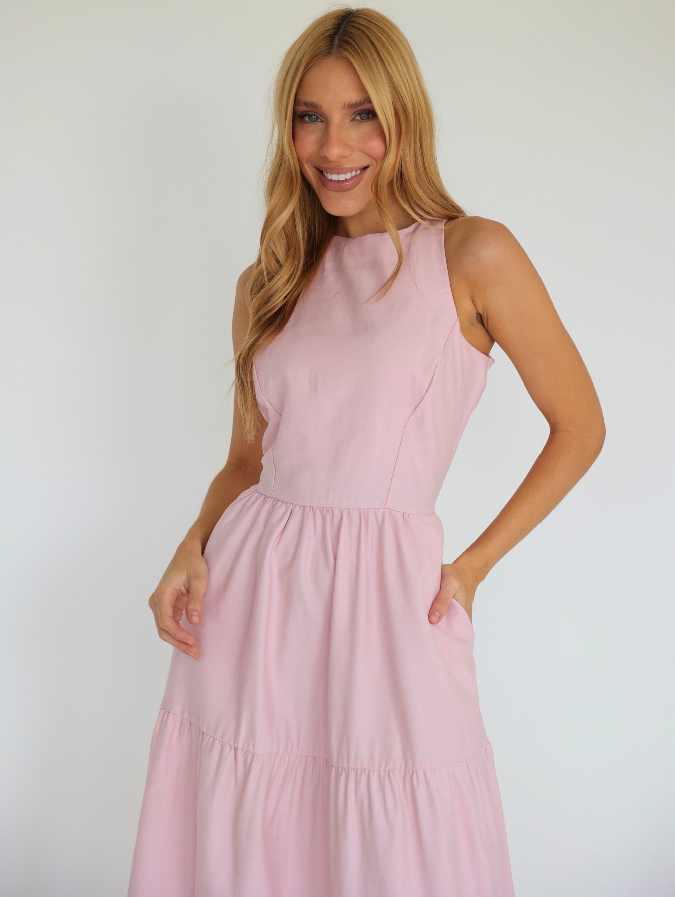 Vestido Longo Liso de Linho Sem Manga Zíper nas Costas Flora