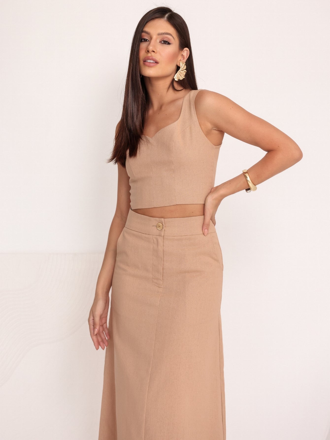 Conjunto de Linho Cropped Alças Grossas e Saia Longa Lisa - Taina