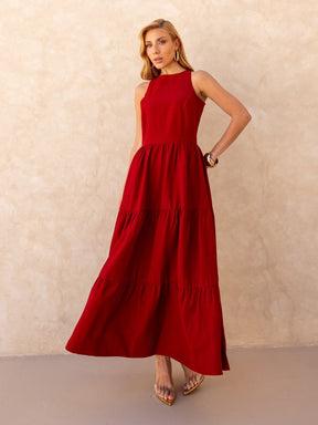 Vestido Longo Alfaiataria Sem Manga Zíper nas Costas Flora