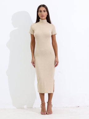 Vestido Midi Gola Alta Canelado com Fenda Lateral Cacharrel Mariah