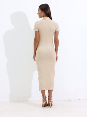 Vestido Midi Gola Alta Canelado com Fenda Lateral Cacharrel Mariah