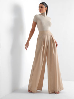 Calça Pantalona de Linho Cintura Alta com Elástico e Bolso Lateral Carmela