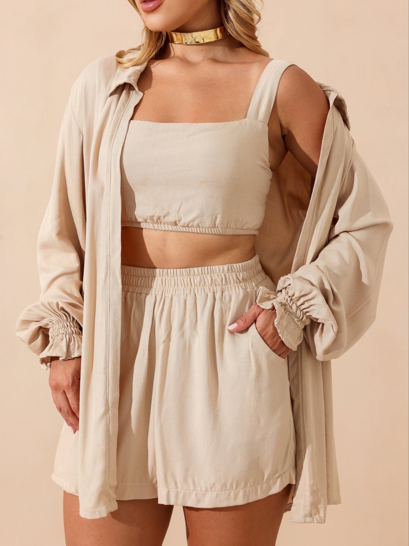 Conjunto Comfy Cropped + Short + Kimono Casual Marcela