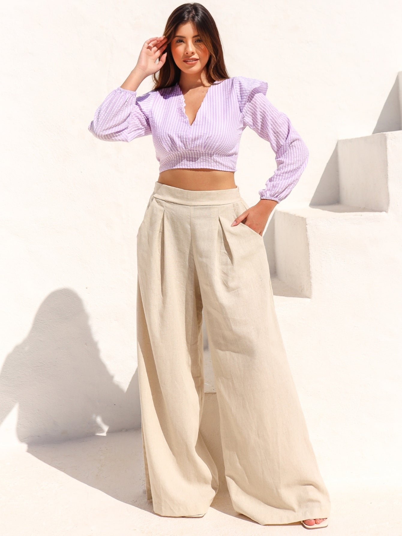 Calça Pantalona de Linho Cintura Alta com Elástico e Bolso Lateral Carmela