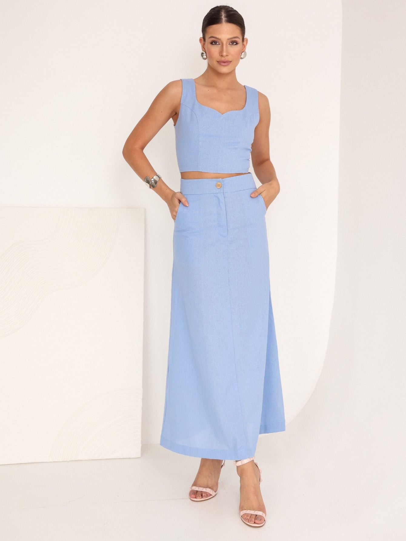 Conjunto de Linho Cropped Alças Grossas e Saia Longa Lisa - Taina