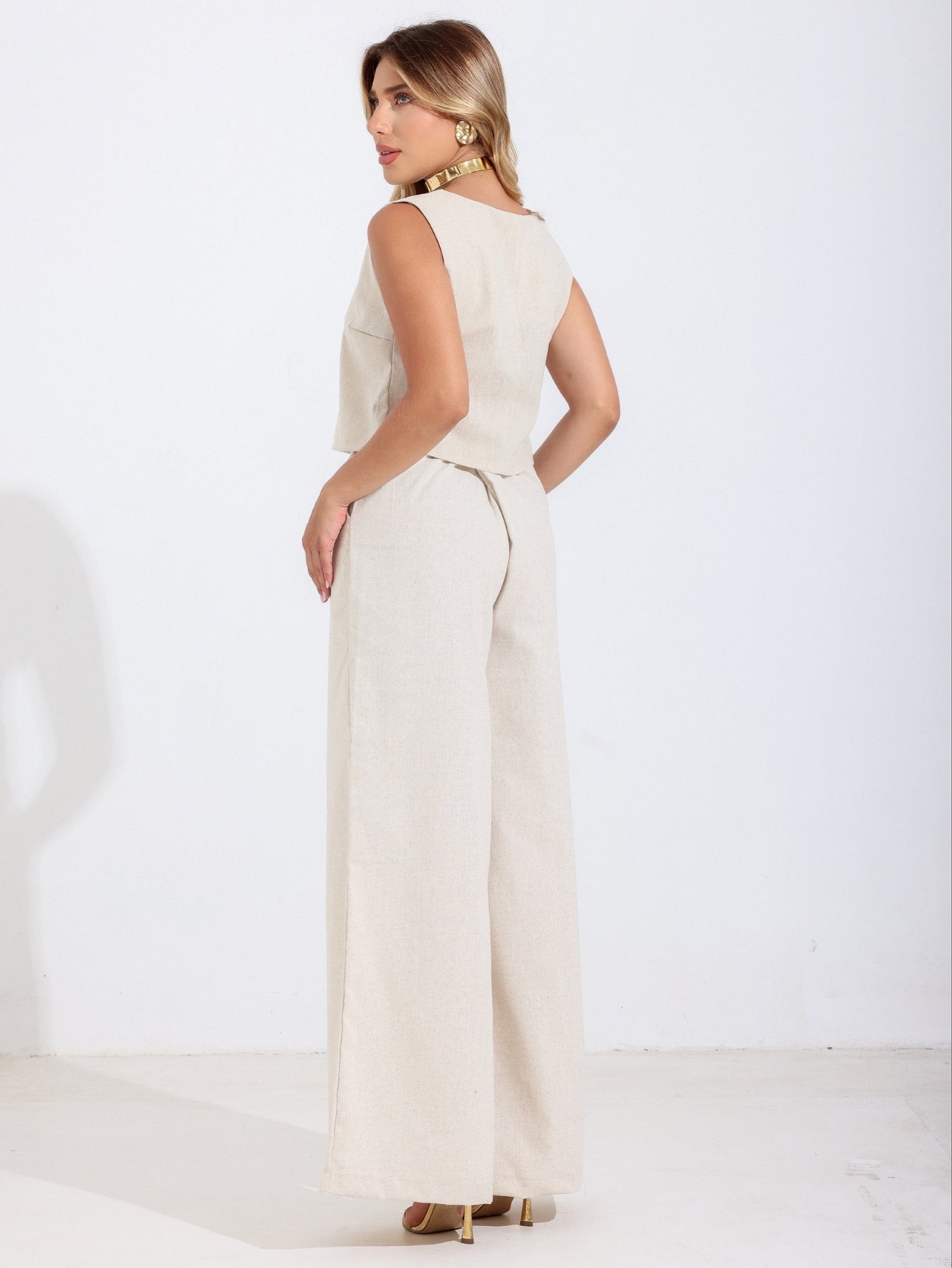 Conjunto de Linho Calça Pantalona e Blusa Regata Stella