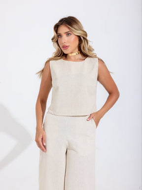 Conjunto de Linho Calça Pantalona e Blusa Regata Stella