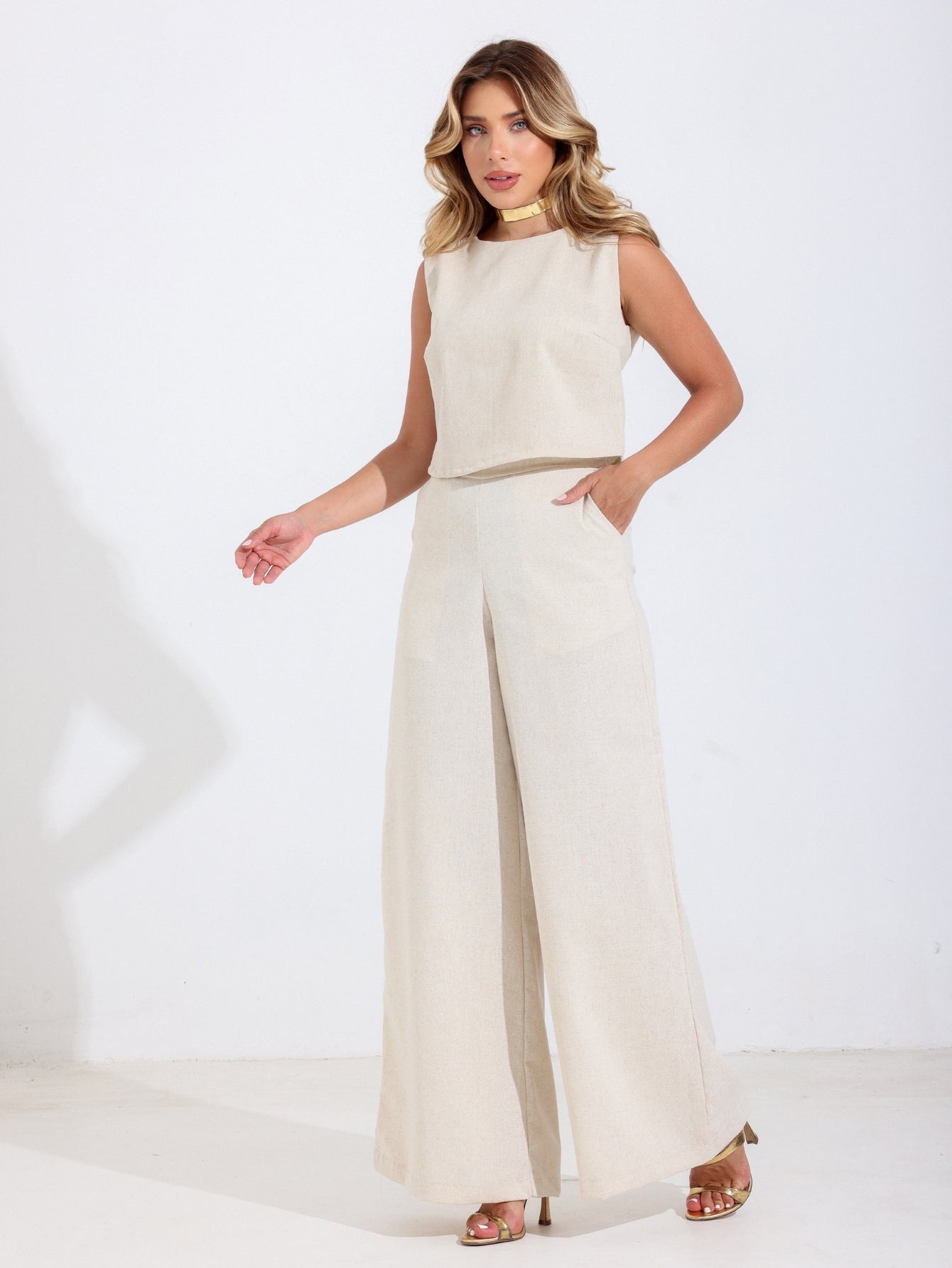 Conjunto de Linho Calça Pantalona e Blusa Regata Stella